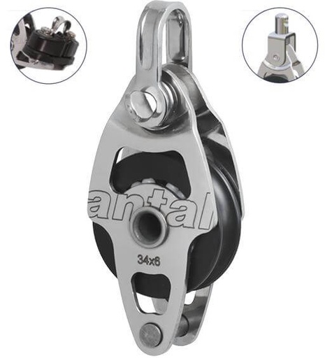 [AN-00302/CSW] Antal SS Single Block Ø34 with Becket, Cam Cleat, Swivel Head and Shackle