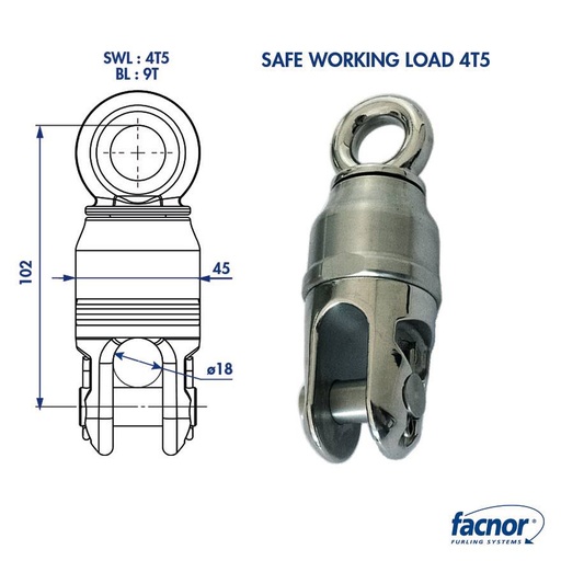 [F-43499004540] Facnor Anti-Twist Halyard Swivel - 4.5T